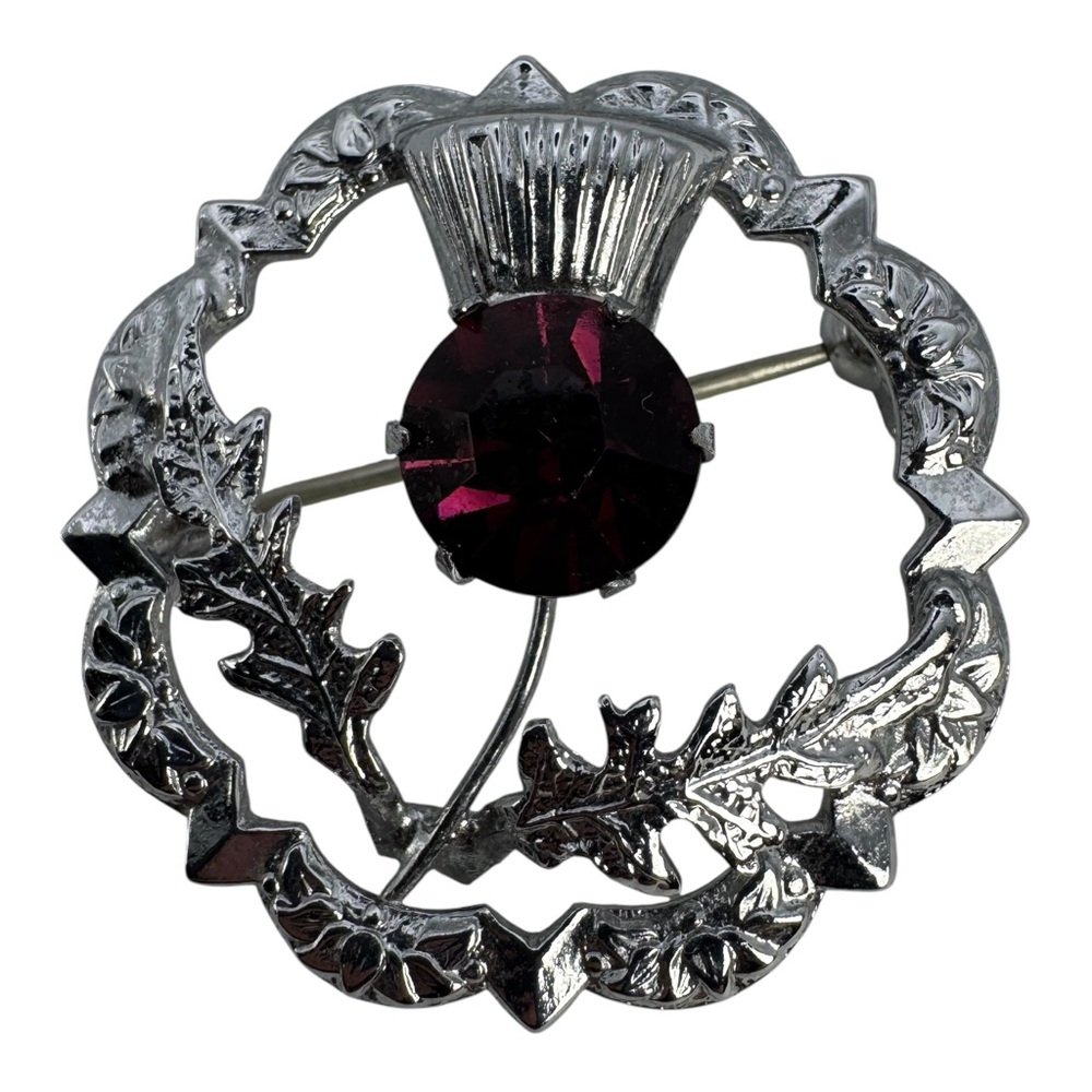 Vintage Mizpah Scottish Thistle Brooch – Silver-Tone with Purple Stone‎ 1.25”